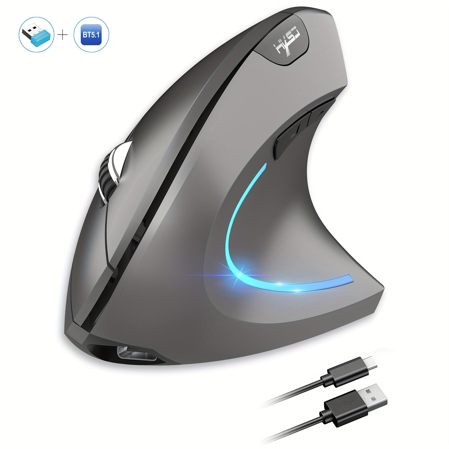 HXSJ Dual-Mode Wireless Vertical Mouse, Large Battery, Suitable for PC Laptops and Desktops! Ideal for Office and Travel, USB Charging, Optical Movement Detection, Right-Handed, Plastic Material, Windows 7 Compatible, No Char