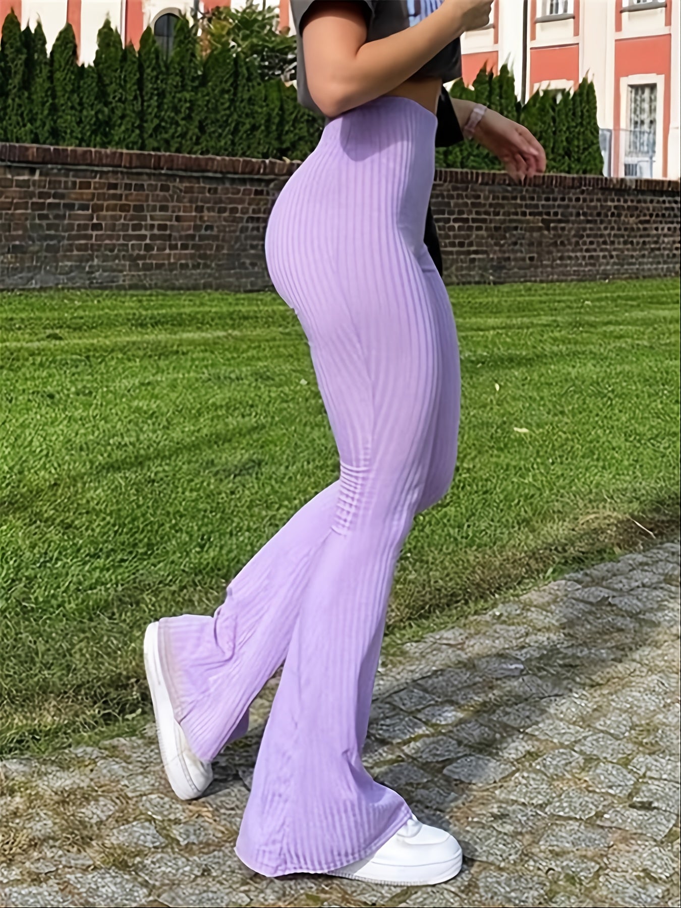 Striped Skinny Flared Leg Pants, Casual Stretchy High Waist Pants, Women's Clothing