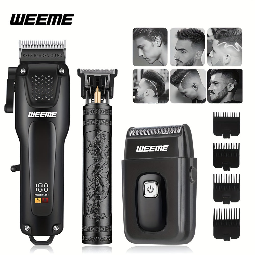 WEEME 3pcs Men's Grooming Kit - LCD Electric Clipper + Cordless Shaver + T-Blade Trimmer | USB-C Rechargeable w/Brushes & Care Accessories | Durable Hair/Facial Grooming Tools for Home & Travel