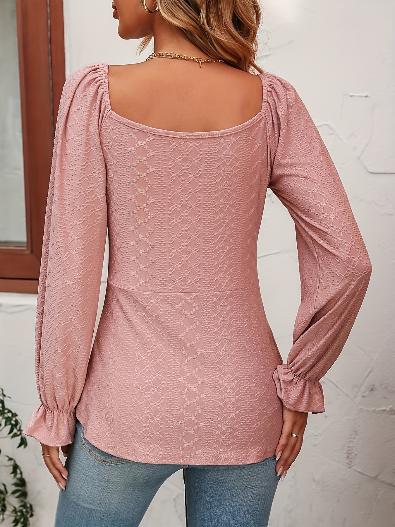 Jacquard Drawstring Front V Neck T-Shirt, Casual Long Sleeve Top For Spring & Fall, Women's Clothing