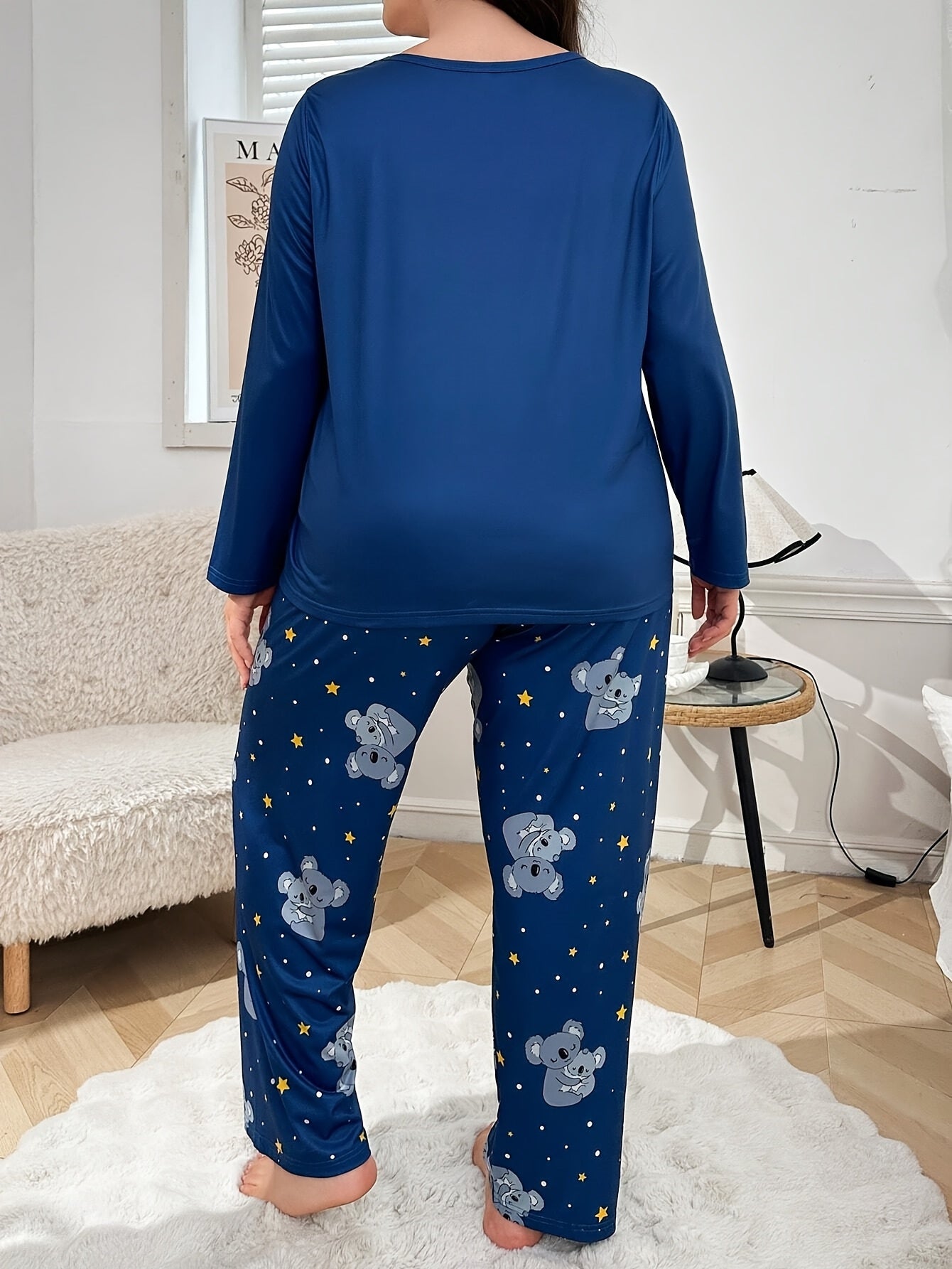 Plus Size Autumn/Winter Women's Pajamas with Cute Cartoon Koala Print Long Sleeve Loungewear Set
