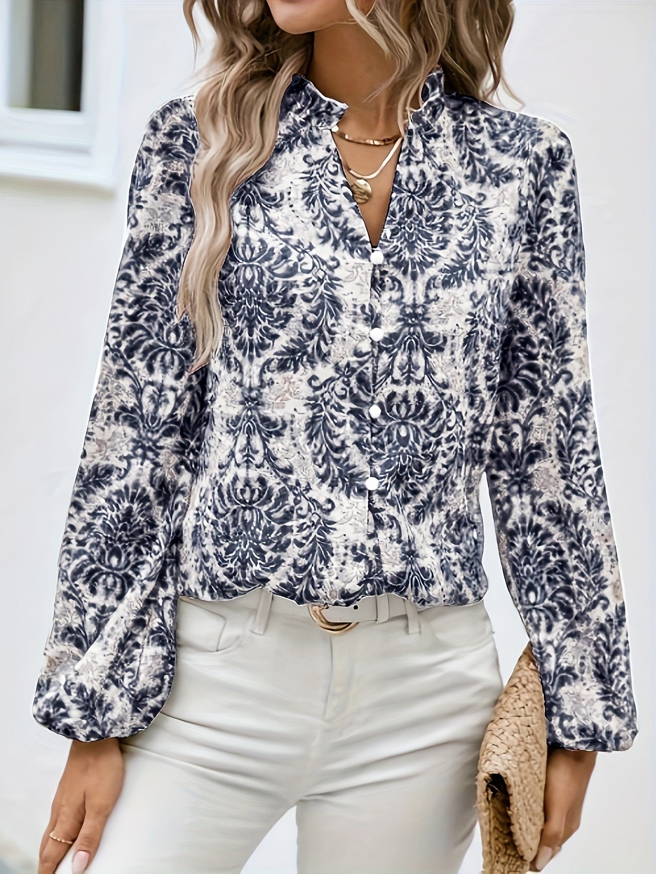 Allover Print Button Front Blouse, Casual Long Sleeve Blouse For Spring & Fall, Women's Clothing