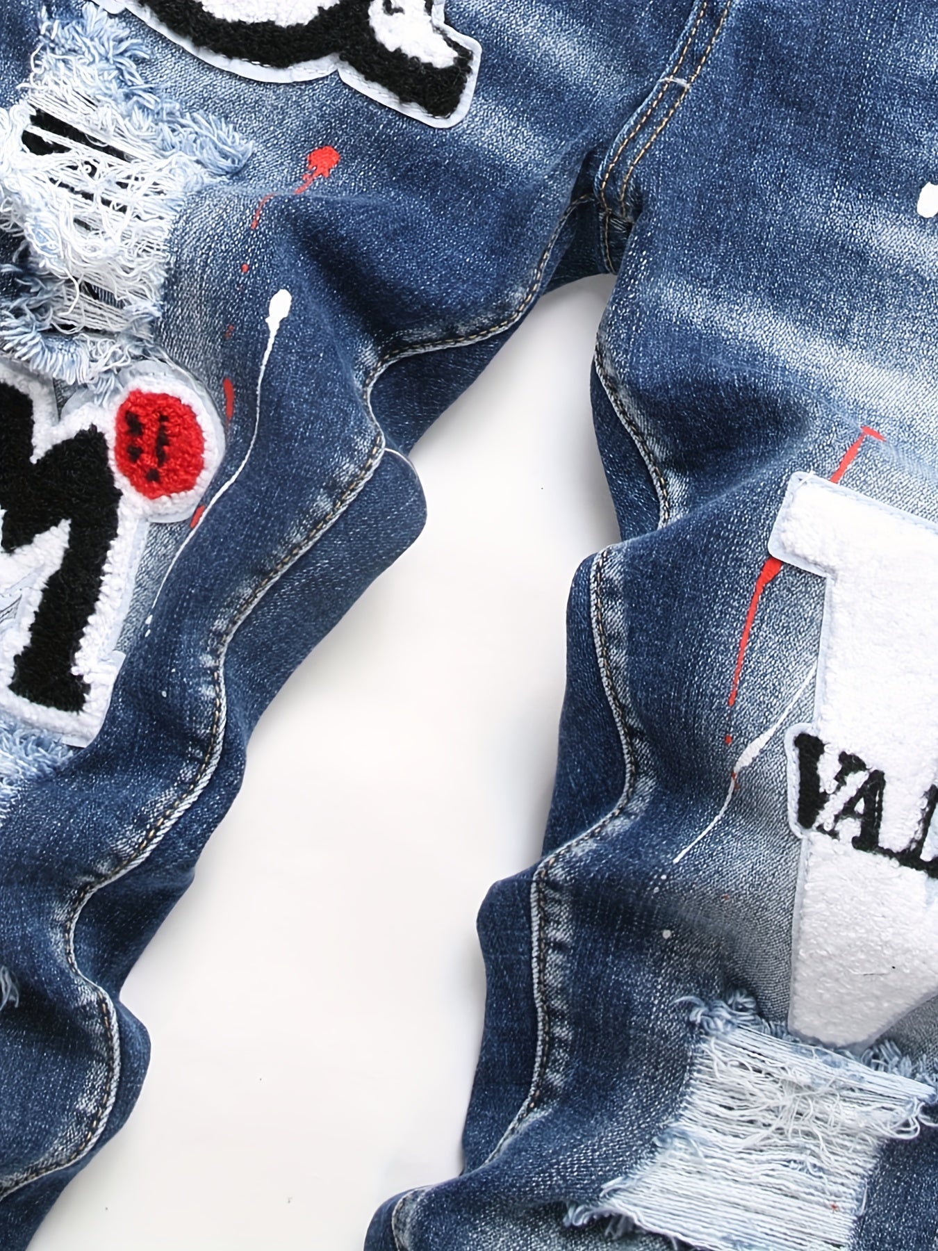 Patch Splatter Ripped Jeans, Men's Casual Street Style Distressed Slim Fit High Stretch Denim Pants For Spring Summer