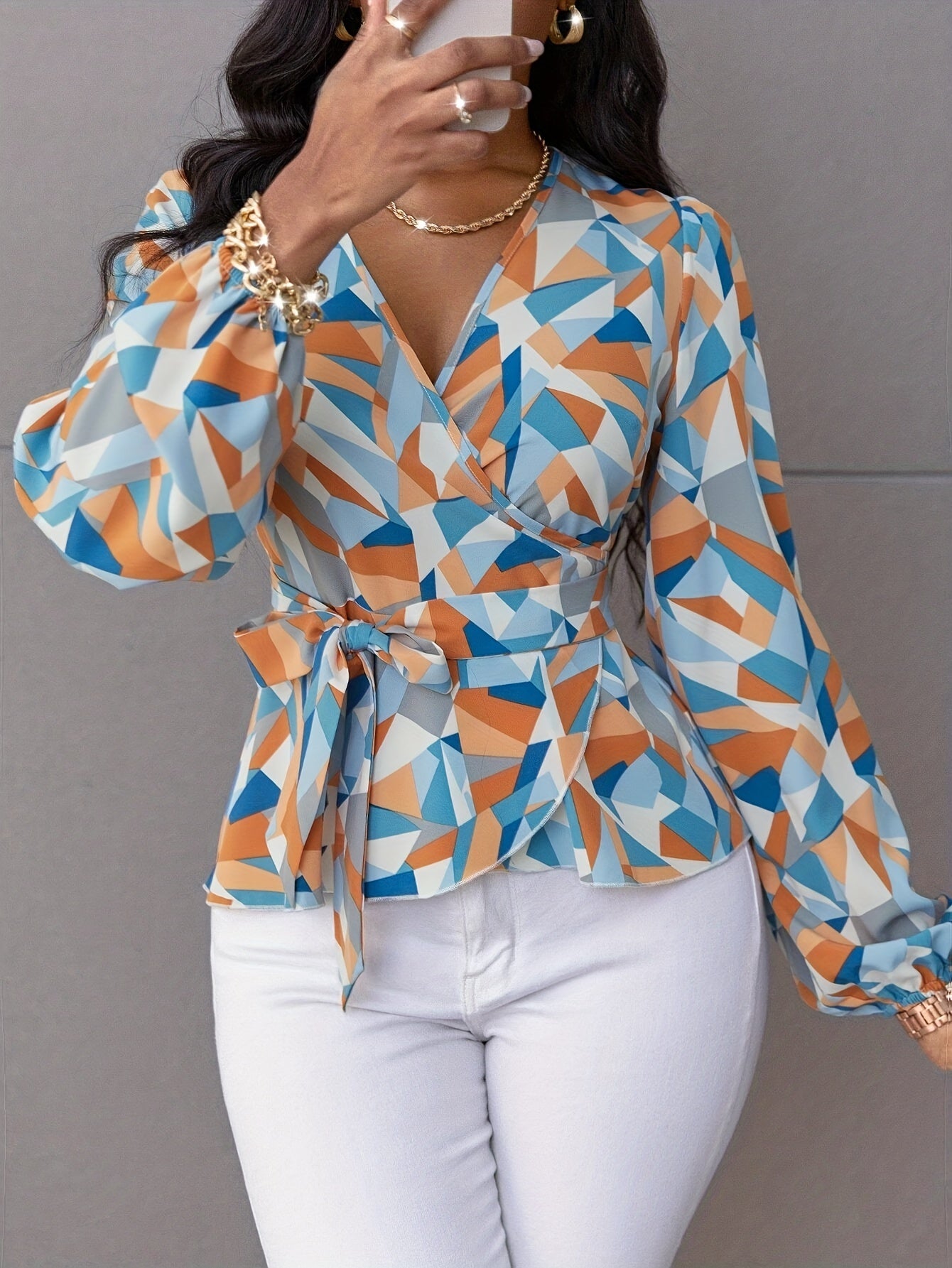 Chic Geometric Print Blouse with Tie Waist - Deep V-Neck, Long Sleeve, Polyester, Machine Washable - Ideal for Spring/Summer/Fall Fashion
