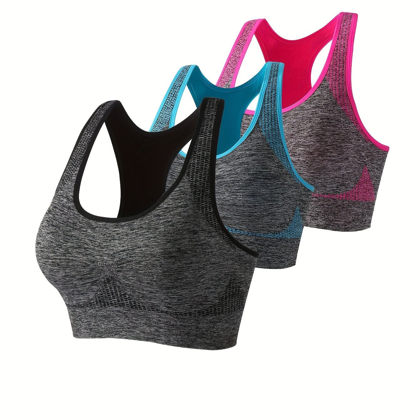 3pcs Contrast Binding Quick Drying Sports Bra, Racerback Shockproof Running Fitness Crop Tank Top, Women's Activewear