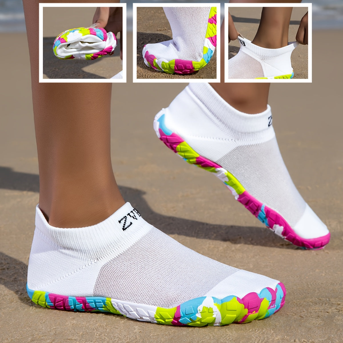 ZVB Women's All-Terrain Water Shoes - Slip- Rubber Sole & Arch, Breathable Quick- Slip-On/Wear, Lightweight Cushioned Insole for Swimming, Yoga, Surfing, Hiking, Beach - All-Season Indoor/ Aquatic Shoes with Elastic Woven Upp
