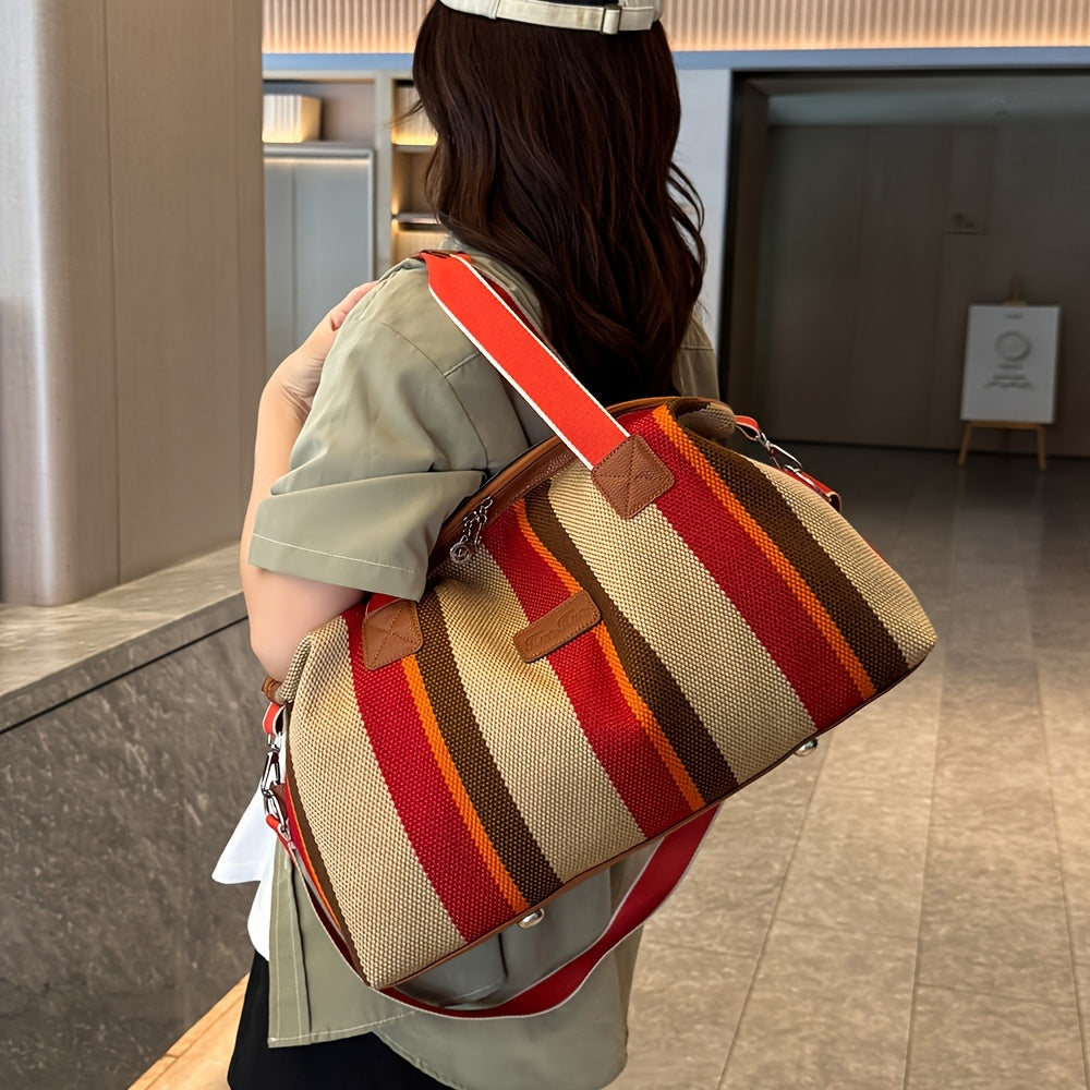 Striped Retro Short-Term Travel Bag for Women, Lightweight Handheld Luggage with Large Capacity