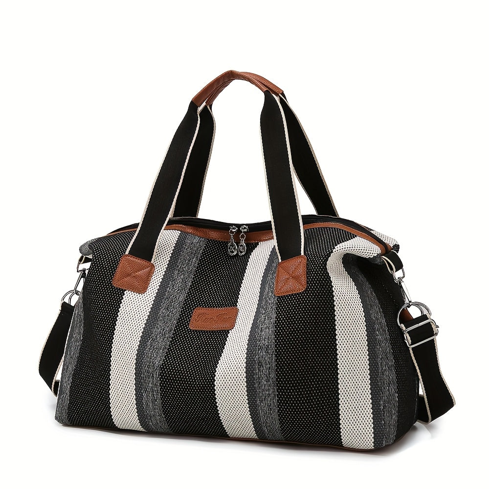 Striped Retro Short-Term Travel Bag for Women, Lightweight Handheld Luggage with Large Capacity