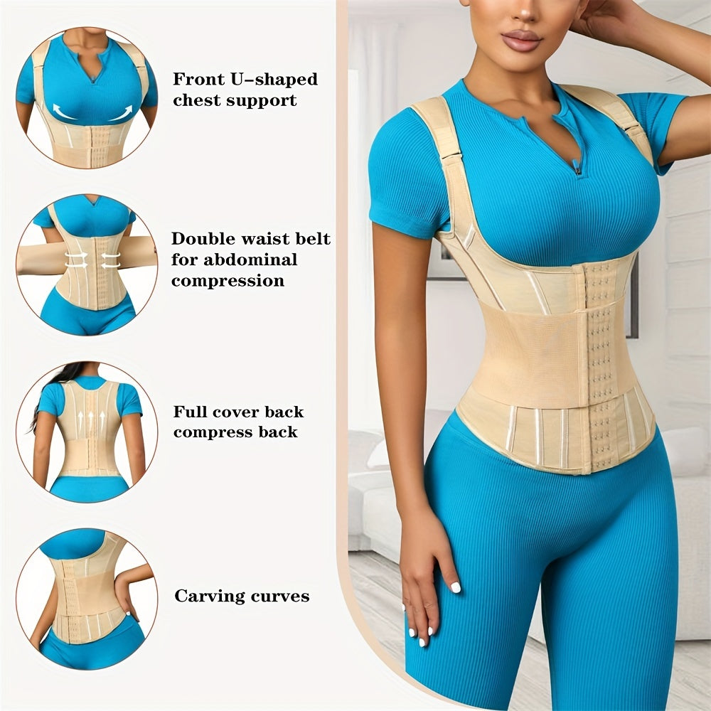 Polyamide Women's Waist Trainer Corset - Back Support with Dual Waist Straps, Adjustable Shoulder Straps, Hard Control Knit Fabric Cincher, Breathable with Steel Frame Support, 72.7% Polyamide 27.3% Elastane, Washable - 1 Pc