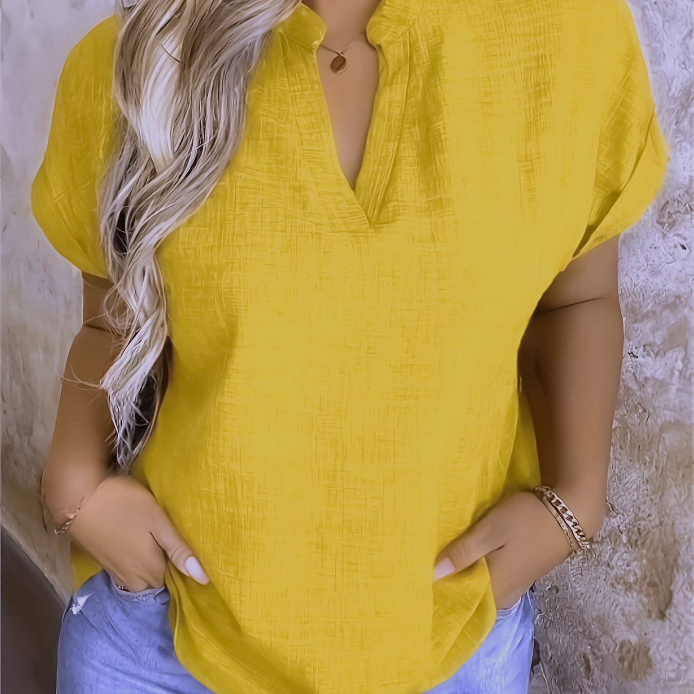 Women's Casual V-Neck Blouse with Small Stand-Up Collar - Vibrant Yellow Solid Color, Regular Fit, Machine Washable, Versatile for Spring Summer Fall, Seasonal Fashion Top, Sophisticated Casualwear, Lightweight Fabric, Everyd