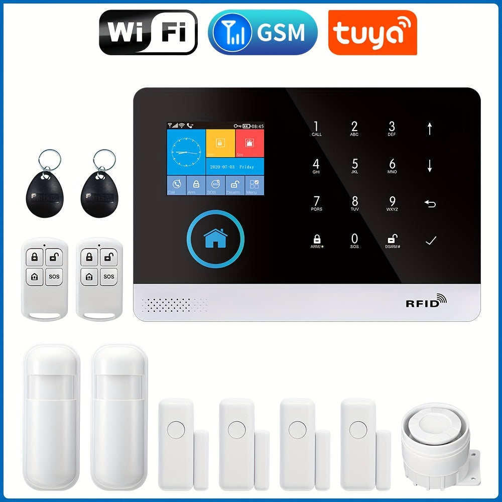 WiFi + GSM Auto-dial Smart Home Security Alarm System 433MHz LCD Display Alarm Panel Door Window Sensor PIR Motion Sensor Kit APP Remote Control Compatible With Alexa Google Home