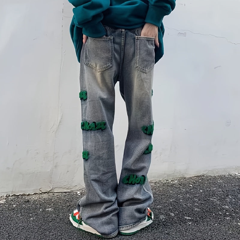 Embroidery Cotton Baggy Jeans, Men's Casual Creative Street Style Denim Pants For Spring Summer