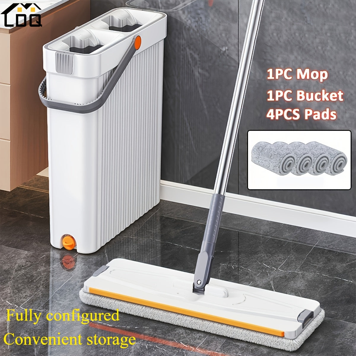 LDQ Heavy-Duty Mop & Bucket Set with 4 Washable Reusable Pads (Compatible with /Mop) - Wet/Dry Floor & Window, Space-Saving Stackable Design, Manual Operation for, Office, Commercial Use - No Required