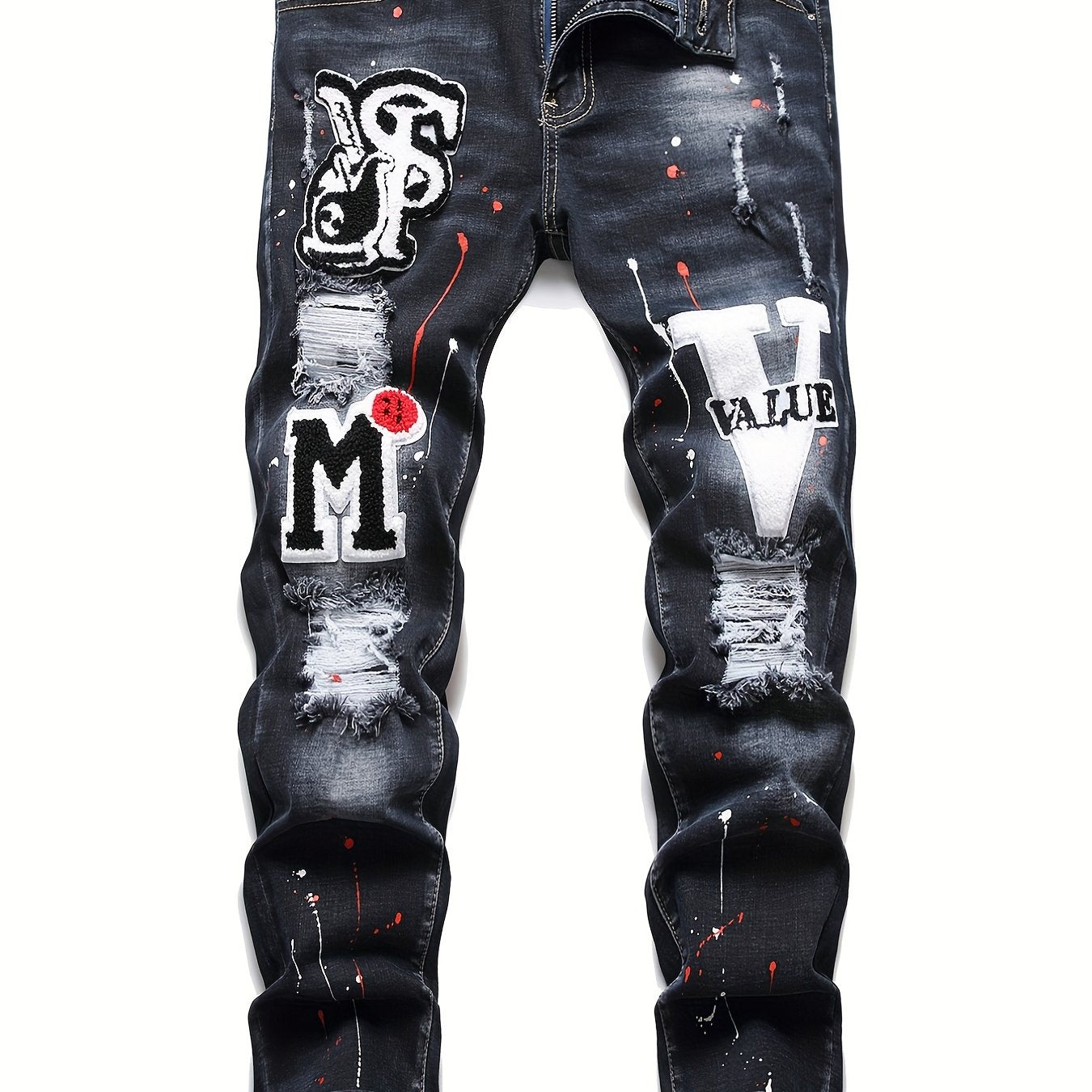 Patch Splatter Ripped Jeans, Men's Casual Street Style Distressed Slim Fit High Stretch Denim Pants For Spring Summer