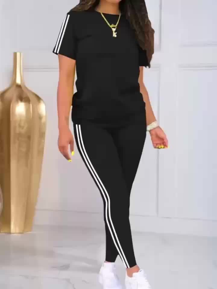 Women'S Casual Fashion Outdoor Sports Set, Double-Sided Striped Round Neck Short Sleeve Long Pants Two-Piece, Women'S Jogging Suit, Solid Color, Medium Stretch, Regular Sleeve, Crew Neck, Side Stripe, Pullover, Spring/Summer/