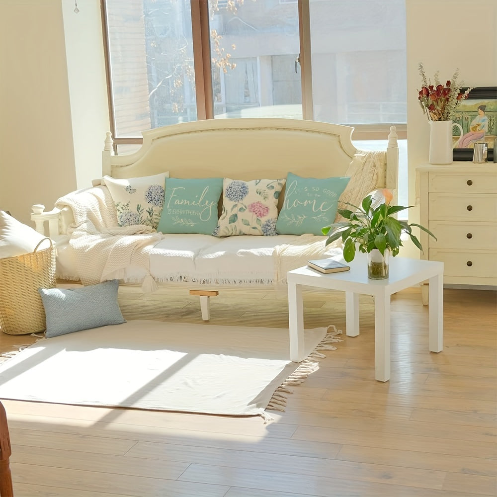 4pcs Blue Hydrangea Linen Blend Throw Pillow Covers, Cushion Cover For Bed Sofa Couch Living Room Decor Home Decor, No Pillow Insert, 18inch*18inch