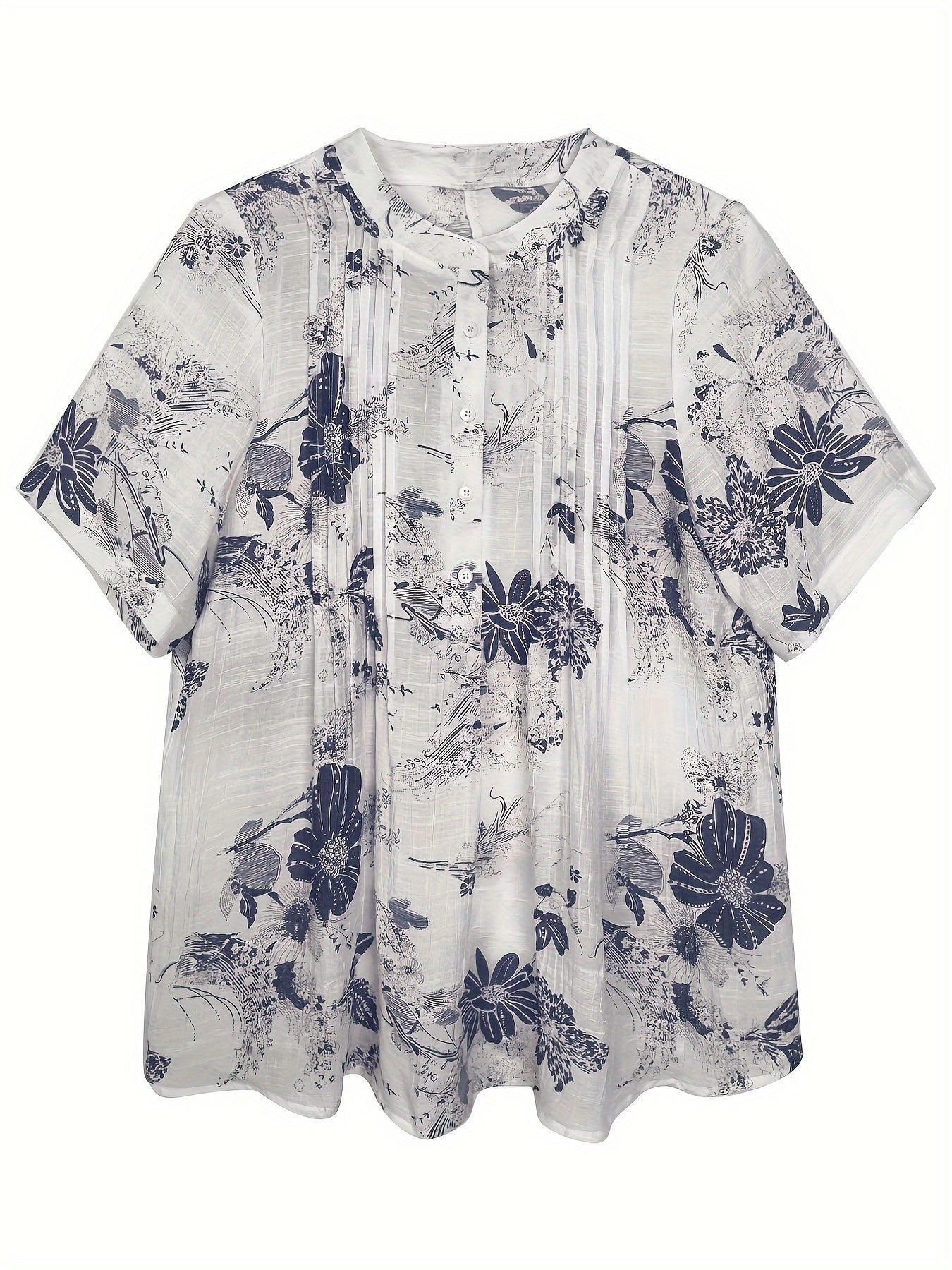 Women's Floral Print A-Line Blouse - Casual Short Sleeve, Round Neck with Front Button Detail, Lightweight Polyester Blend, Perfect for Spring/Summer