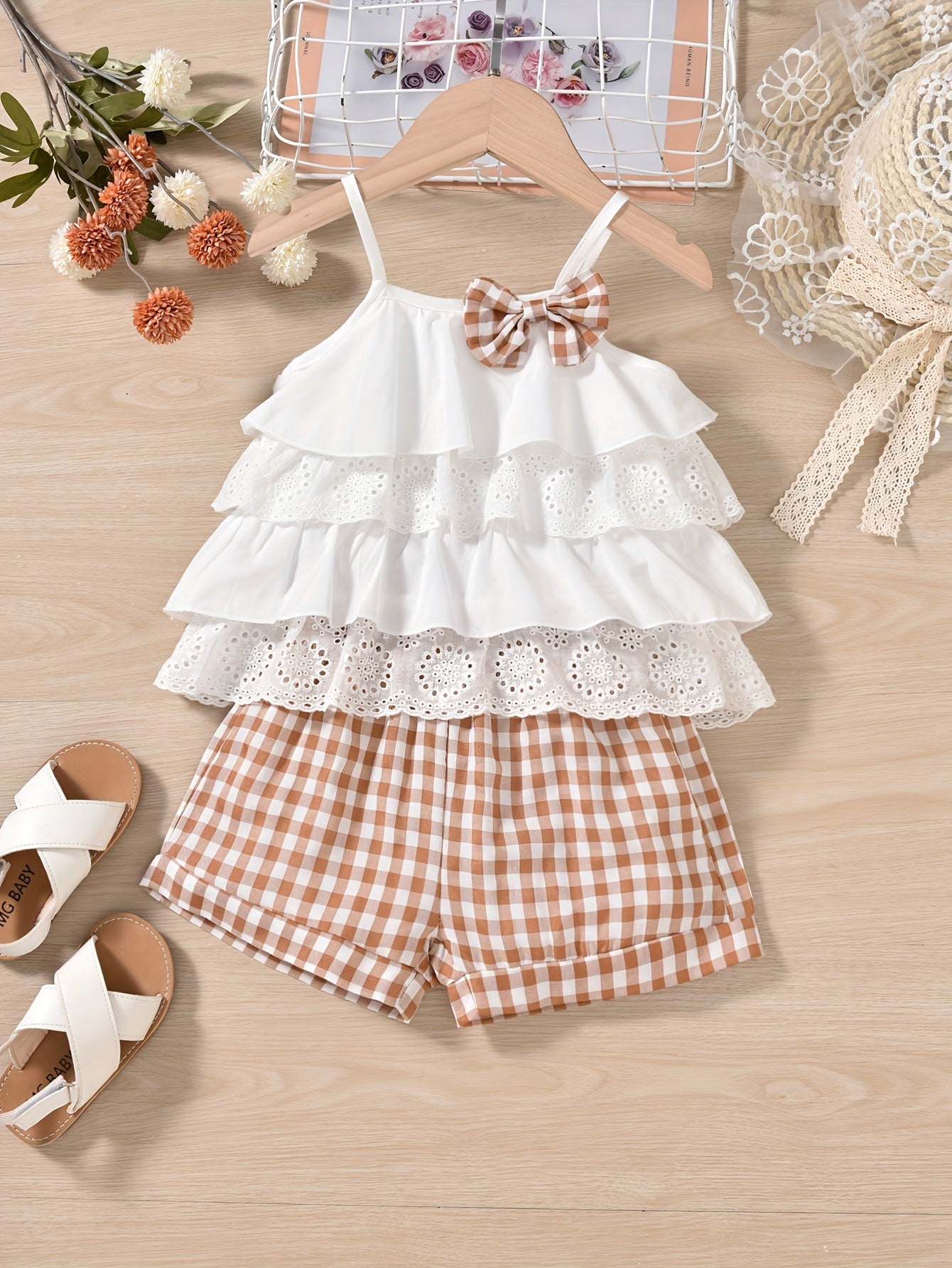 Cute Ruffle Lace Top & Check Shorts Two-Piece Set - White Blouse with Yellow Bow, Yellow & White Gingham Shorts, Perfect for Spring/Summer, Casual Playwear|Ruffle Detail Top|Nonstretch Fabric, for Outdoor