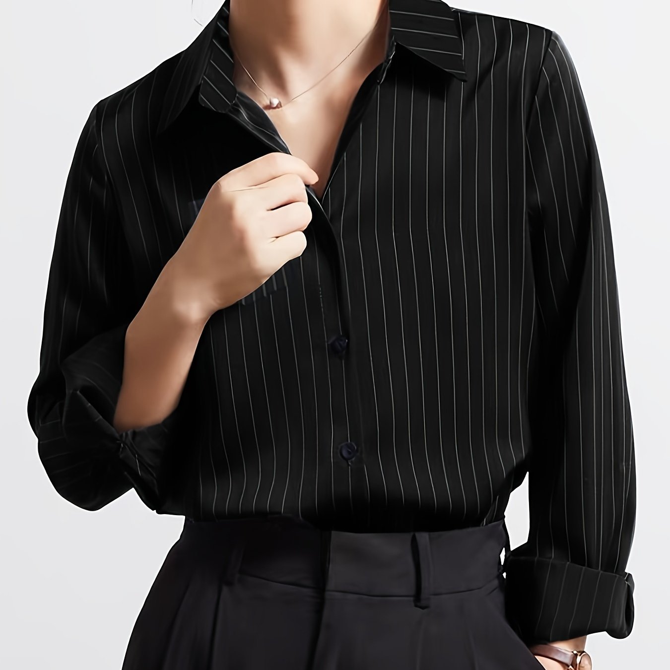 Striped Button Up Chest Pocket Blouse, Elegant Lapel Collar Long Sleeve Blouse, Women's Clothing