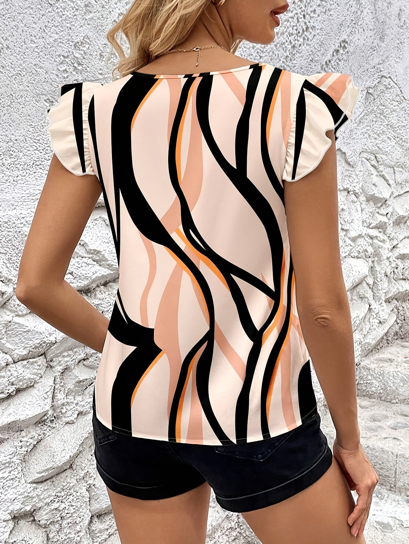 Striped V-neck Blouse, Elegant Flutter Sleeve Blouse Top For Spring & Summer, Women's Clothing