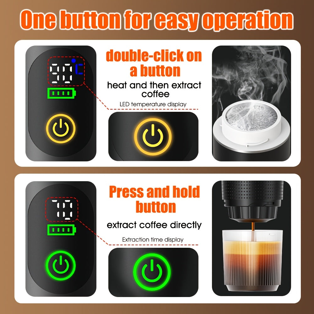 2025 Upgrade Portable Espresso Machine with Temperature and Battery Display, Type-C Charging, Automatic Heating, Hot and Cold Beer, Compatible with Ground and Capsules, Ideal for RV, Hiking, Office