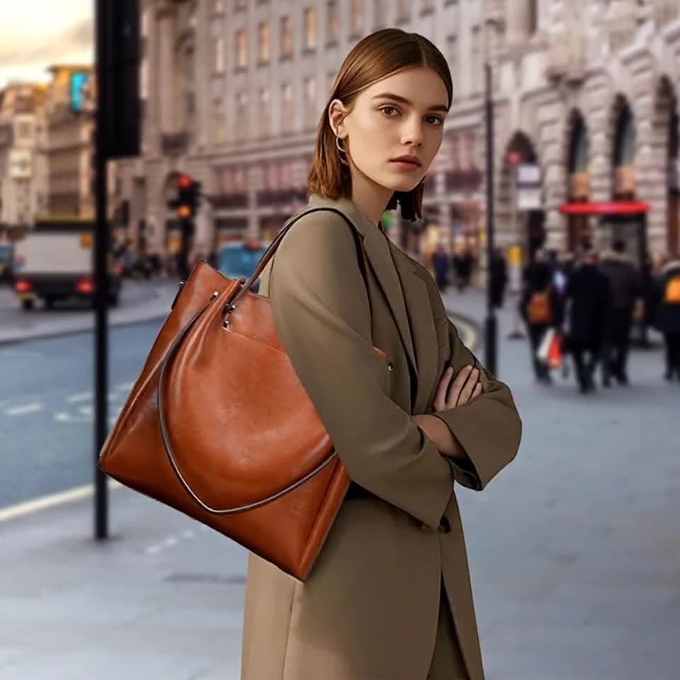 Women'S Genuine Leather Tote & Crossbody - Elegant Minimalist Hand with Golden-Tone Hardware, Zipper Closure, Golden-Tone Hardware &, Sturdy Base For Everyday & Formal Use, Versatile Accessory, Sleek Design, Durable Construct