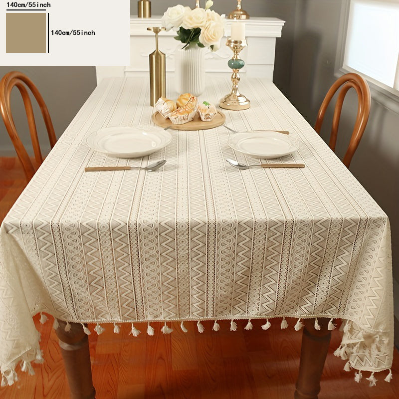 1pc Beige Crochet Hollow Tablecloth, Boho Household Stain Resistant Waterproof Oil-proof, Washable Table Cover, Suitable For Picnics, Camping, Weddings, Birthday Parties, Restaurants, And Buffets, Tabletop Protection, Home Ki