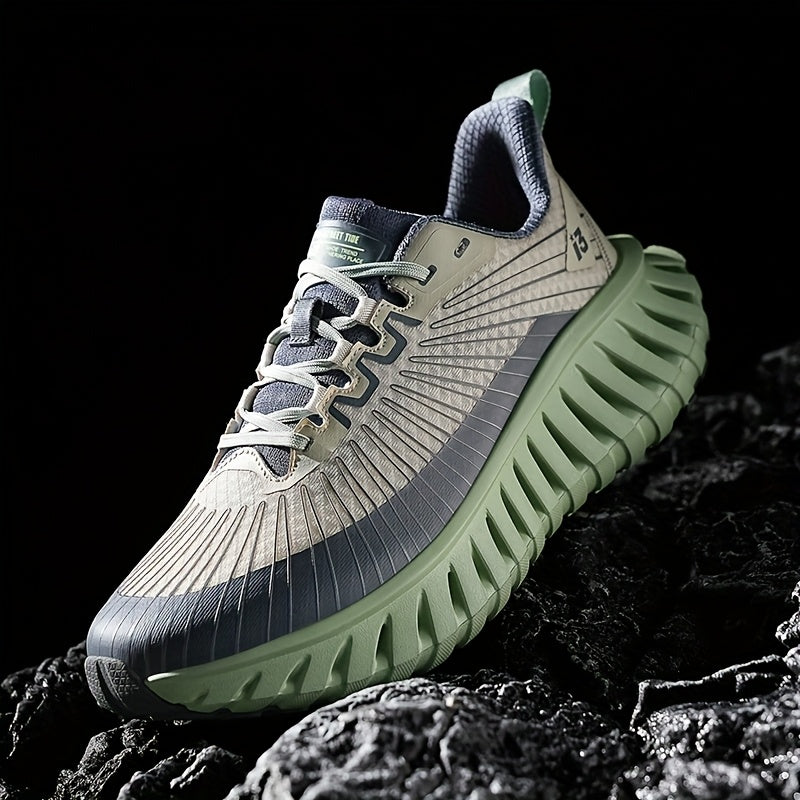 Men's Breathable Mesh Running Shoes - Lightweight, Non-Slip, Durable Hiking & Fitness Shoes with Air Strap for Indoor/Outdoor Use, Gray and Green Design, Casual Sports Shoes | Modern Sneakers | Breathable Mesh Upper