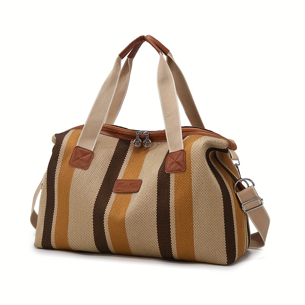 Striped Retro Short-Term Travel Bag for Women, Lightweight Handheld Luggage with Large Capacity