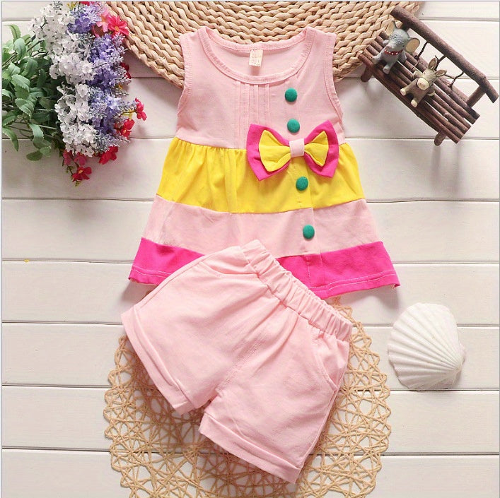 Stylish Color Block Outfit - Cute Bow Puffy Hem Vest & Pocket Shorts Two-piece Set Toddler Baby Clothes Outdoor Clothes Outdoor Suit