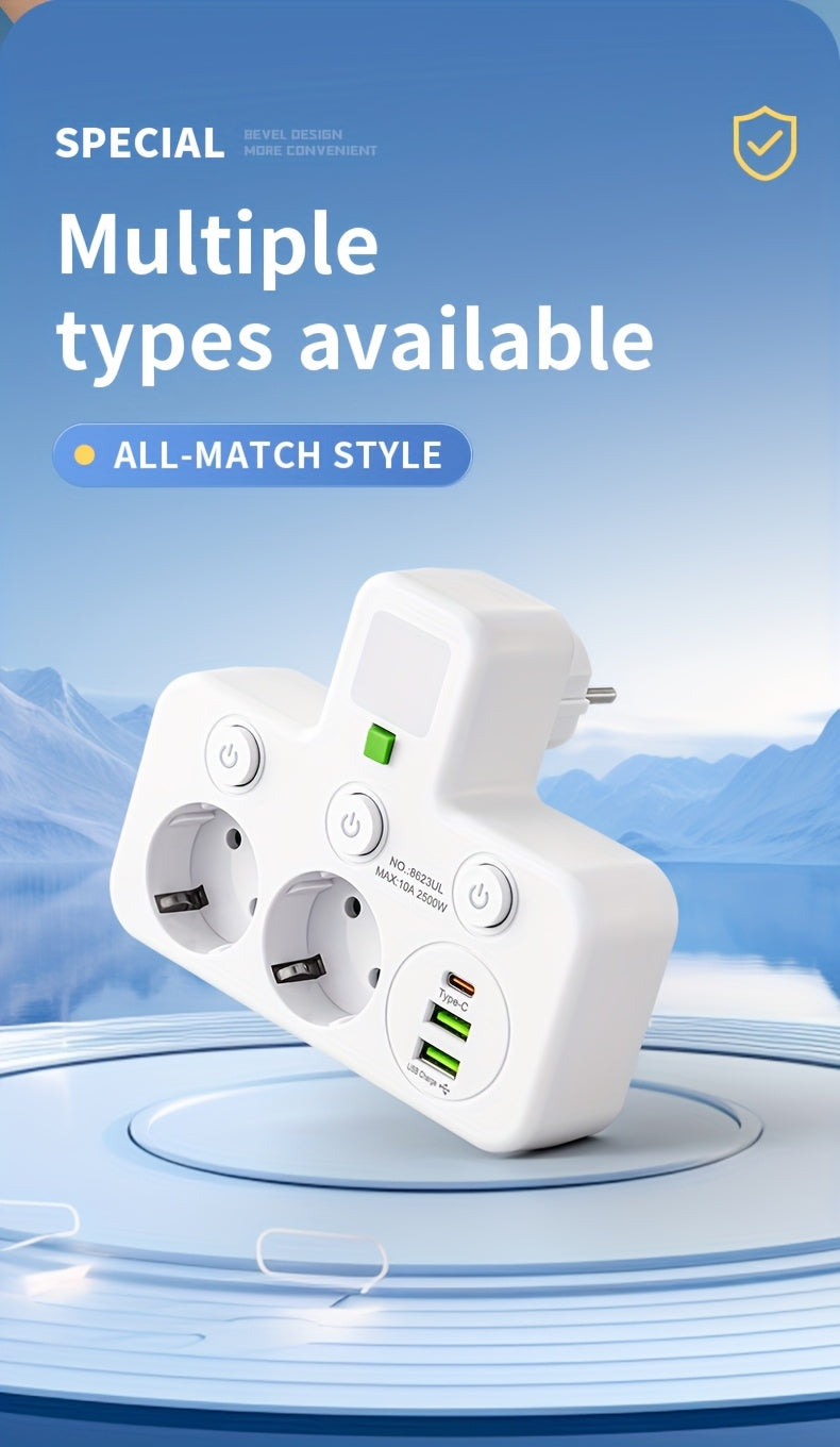 Plug Converter Socket with 5 Sockets, Multi-Port Wall Socket with Independent Switch And Small Night Light Adapter