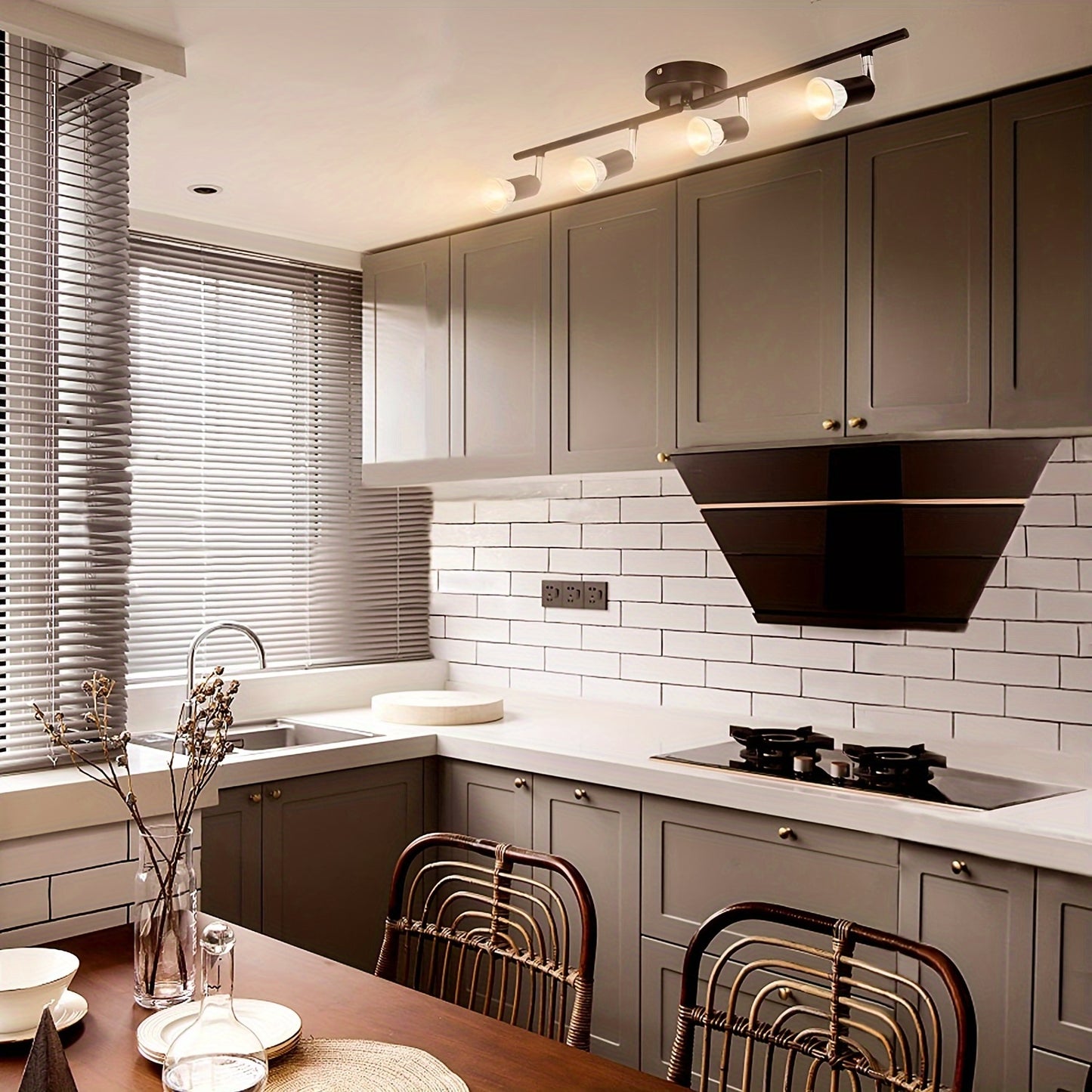 1pc Track Lighting Kit, Adjustable Track Arm 4 Head Foldable Ceiling Spot Light With GU10 Socket, Bulbs Included, Socket For Kitchen Bedroom Showroom Fixture Directional Accent Lamp, Black/ Nickel