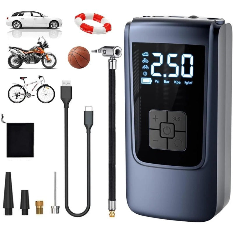Portable Tire Inflator Air Compressor with Pressure Gauge - 150PSI Electric Pump with LED Flash Screen, 2000mAh Rechargeable Lithium Battery, USB Charging, for Cars, Motorcycles, Bicycles, Balls