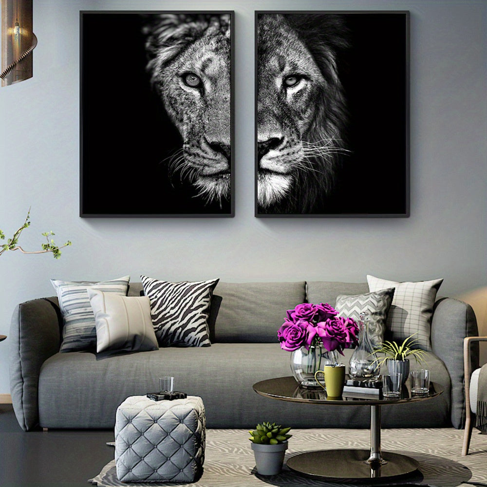 2pcs African Lion Wall Poster - Unframed Canvas Painting for Home Decor - 15.7x23.6in/40cmx60cm - Black and White Design