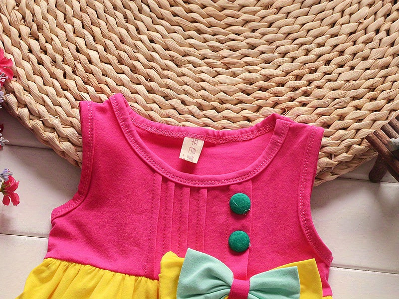 Stylish Color Block Outfit - Cute Bow Puffy Hem Vest & Pocket Shorts Two-piece Set Toddler Baby Clothes Outdoor Clothes Outdoor Suit