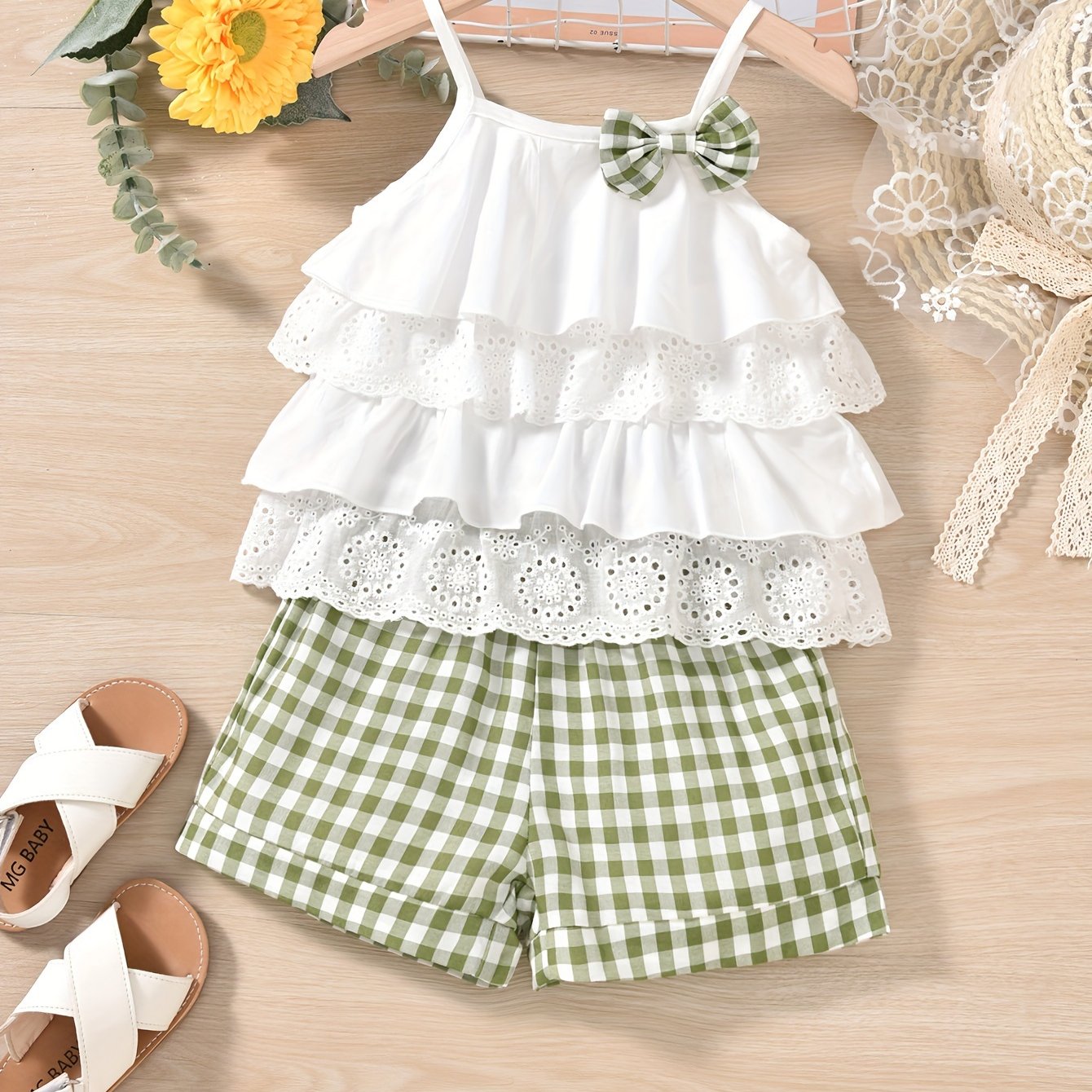 Cute Ruffle Lace Top & Check Shorts Two-Piece Set - White Blouse with Yellow Bow, Yellow & White Gingham Shorts, Perfect for Spring/Summer, Casual Playwear|Ruffle Detail Top|Nonstretch Fabric, for Outdoor