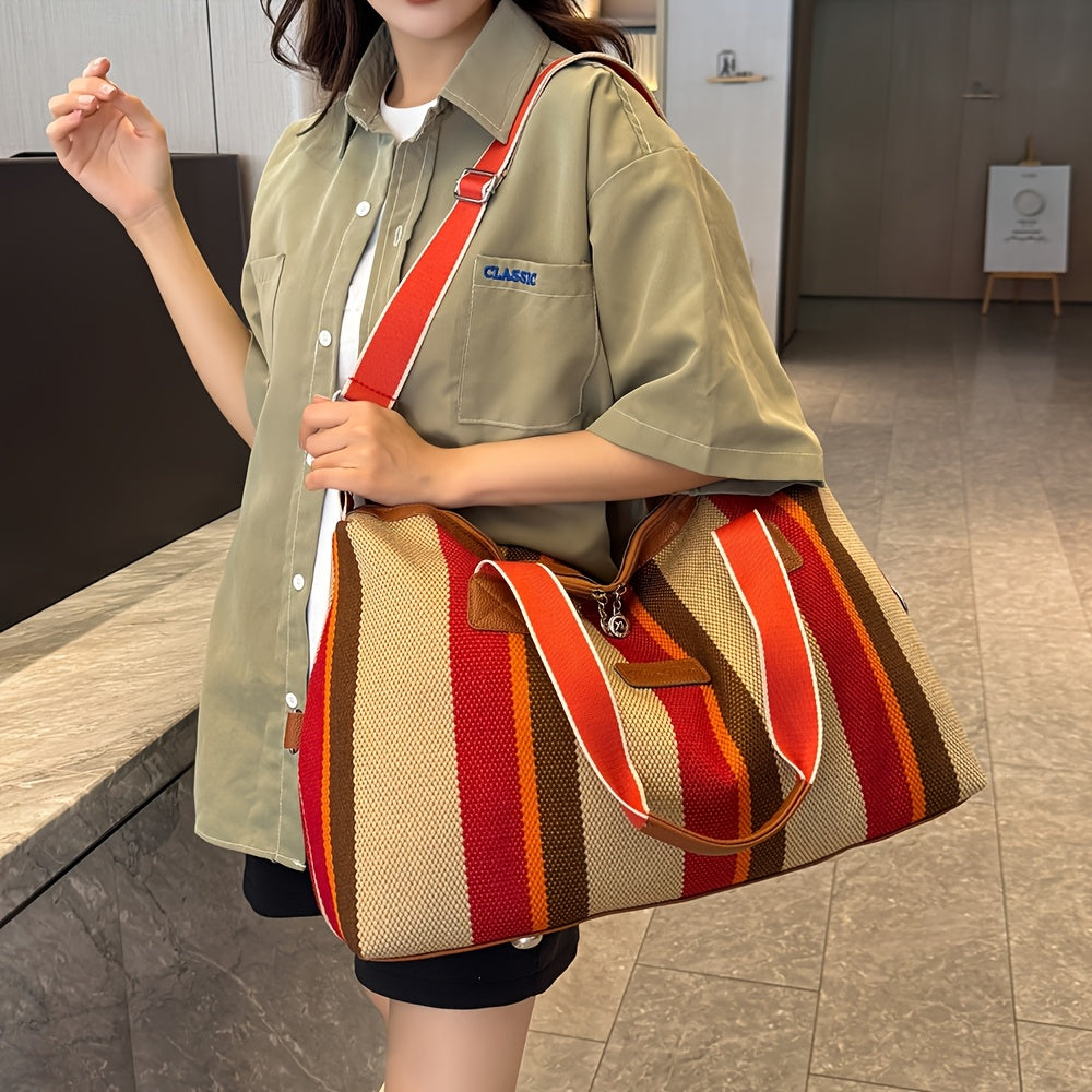 Striped Retro Short-Term Travel Bag for Women, Lightweight Handheld Luggage with Large Capacity