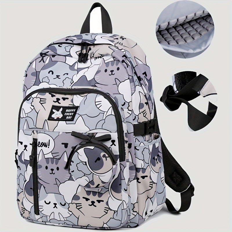 Casual Fashion Cartoon Cats Print Knapsack With Adjustable Strap And Large Capacity, Zip Up, Trendy Backpack For Travel And School