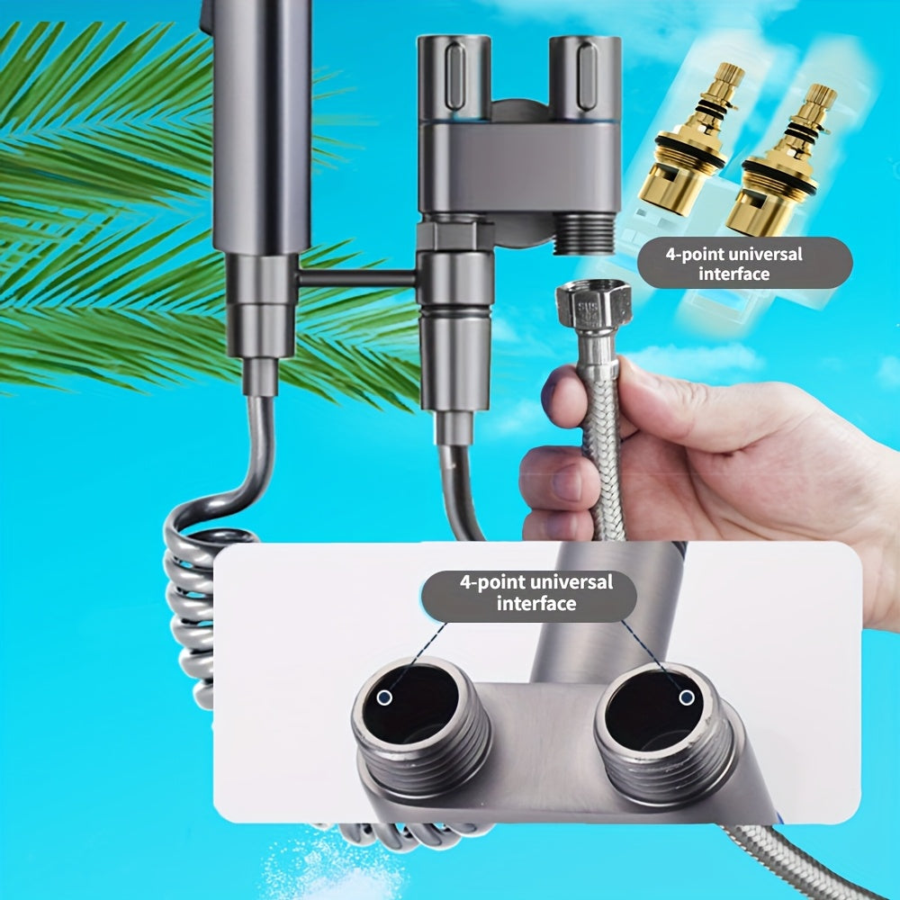 Stainless Steel Heavy-Duty Wall-Mounted Shower System with Adjustable Vertical Spray Gun - Dual-Outlet Angle Valve (G1/2 Male Thread) for Bathroom,, Car Wash - ABS Hose Compatible, Polished Chrome & Valve Core