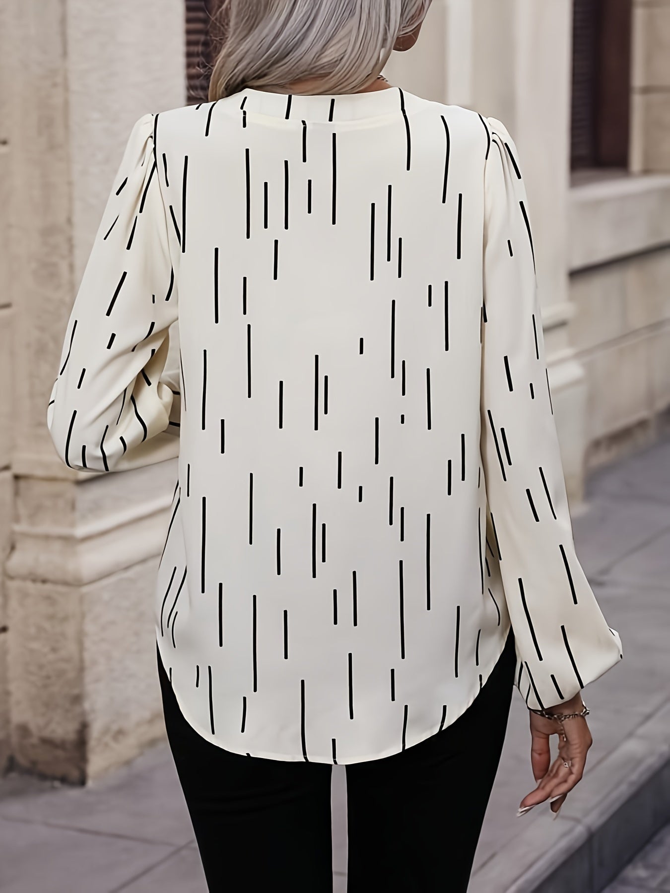 Line Print Notch Neck Blouse, Casual Long Sleeve Blouse For Spring & Fall, Women's Clothing