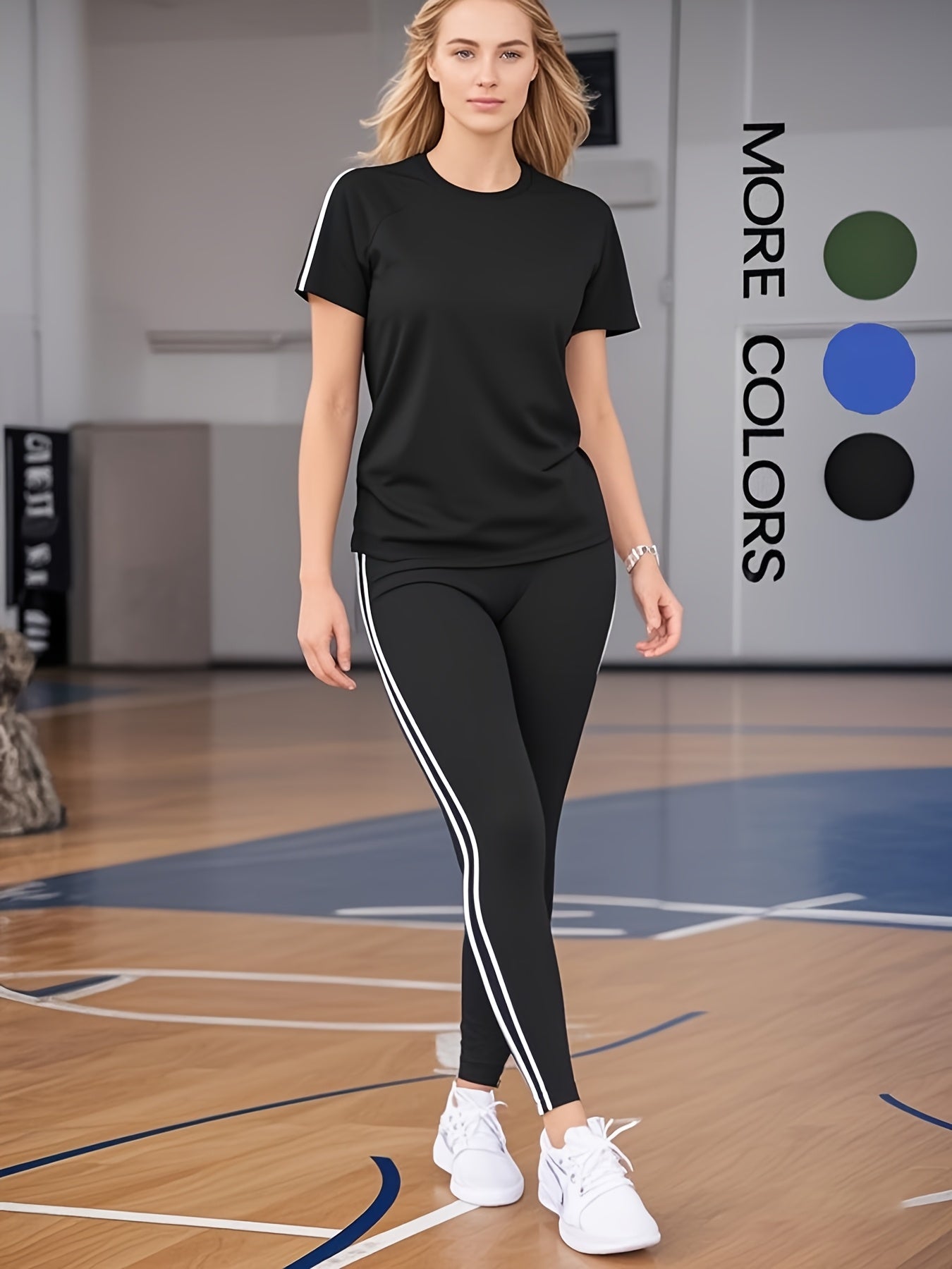 Women'S Casual Fashion Outdoor Sports Set, Double-Sided Striped Round Neck Short Sleeve Long Pants Two-Piece, Women'S Jogging Suit, Solid Color, Medium Stretch, Regular Sleeve, Crew Neck, Side Stripe, Pullover, Spring/Summer/