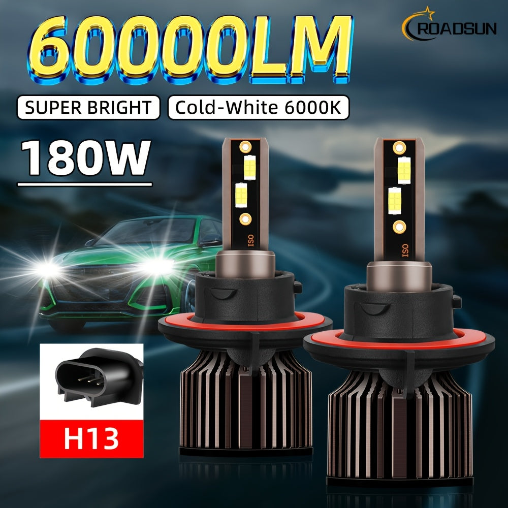 2pcs ROADSUN LED Bulbs - 60000LM Ultra Bright, 180W, 6000K Cool White, H1/H7/H11/9005/9006/H4/H13/9007/9004 Compatible, Plug & Play, Cooling Fan, Aviation Aluminum Housing, 12V/24V Compatible, for Cars, Trucks, SUVs, Motorcyc