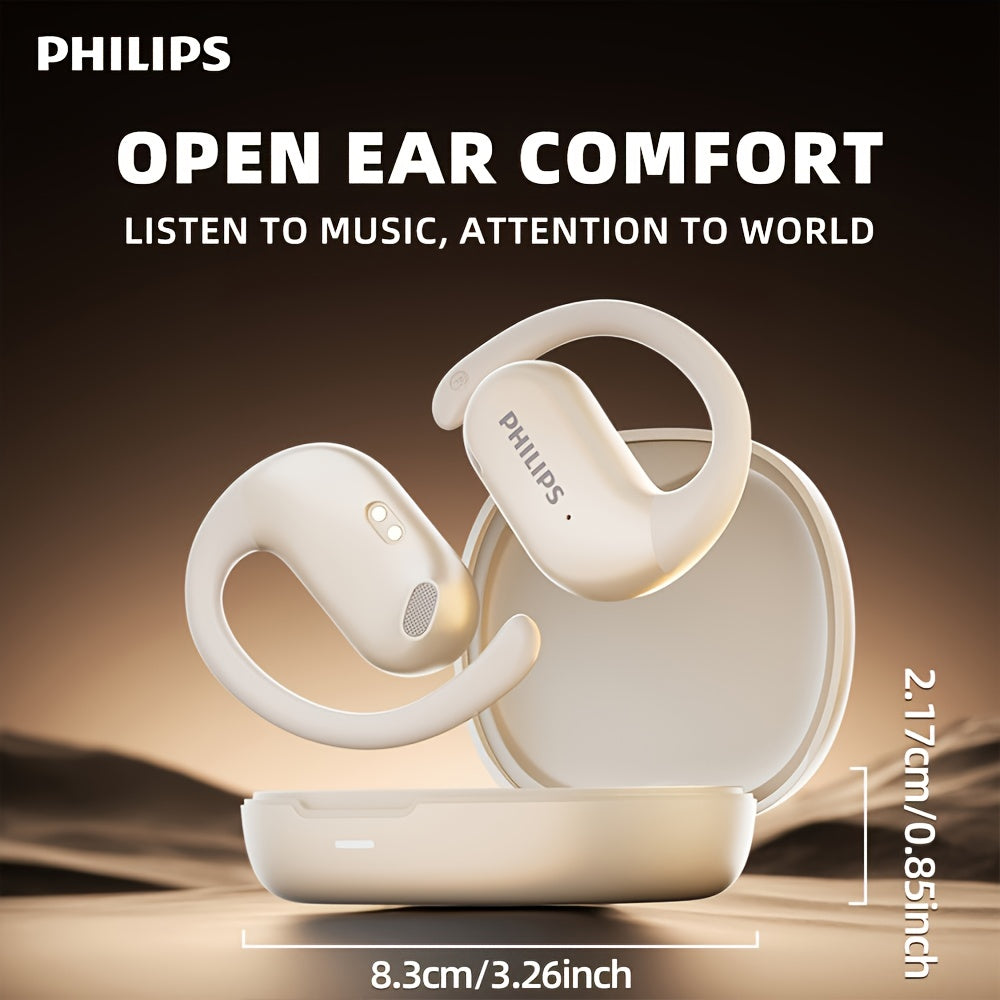 For Philips Wireless Earbuds with Ear Hook Design, Long Battery Life, Touch Control, Wireless Charging Case, Open-Back Sports Headphones for Running & Exercise, USB-C Charging, Condenser Microphone, Compatible with Cellphones