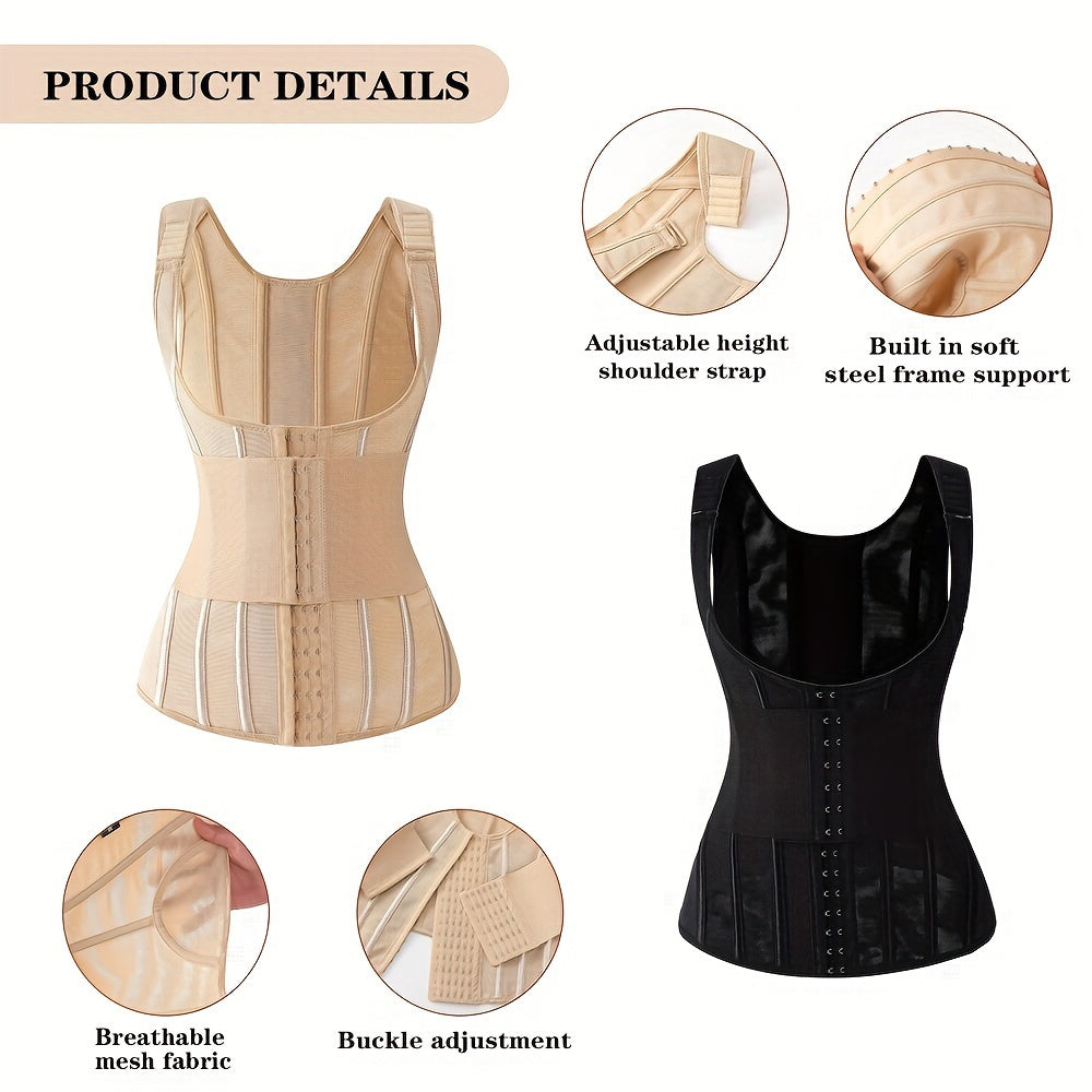 Polyamide Women's Waist Trainer Corset - Back Support with Dual Waist Straps, Adjustable Shoulder Straps, Hard Control Knit Fabric Cincher, Breathable with Steel Frame Support, 72.7% Polyamide 27.3% Elastane, Washable - 1 Pc
