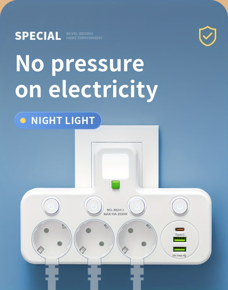 Plug Converter Socket with 5 Sockets, Multi-Port Wall Socket with Independent Switch And Small Night Light Adapter