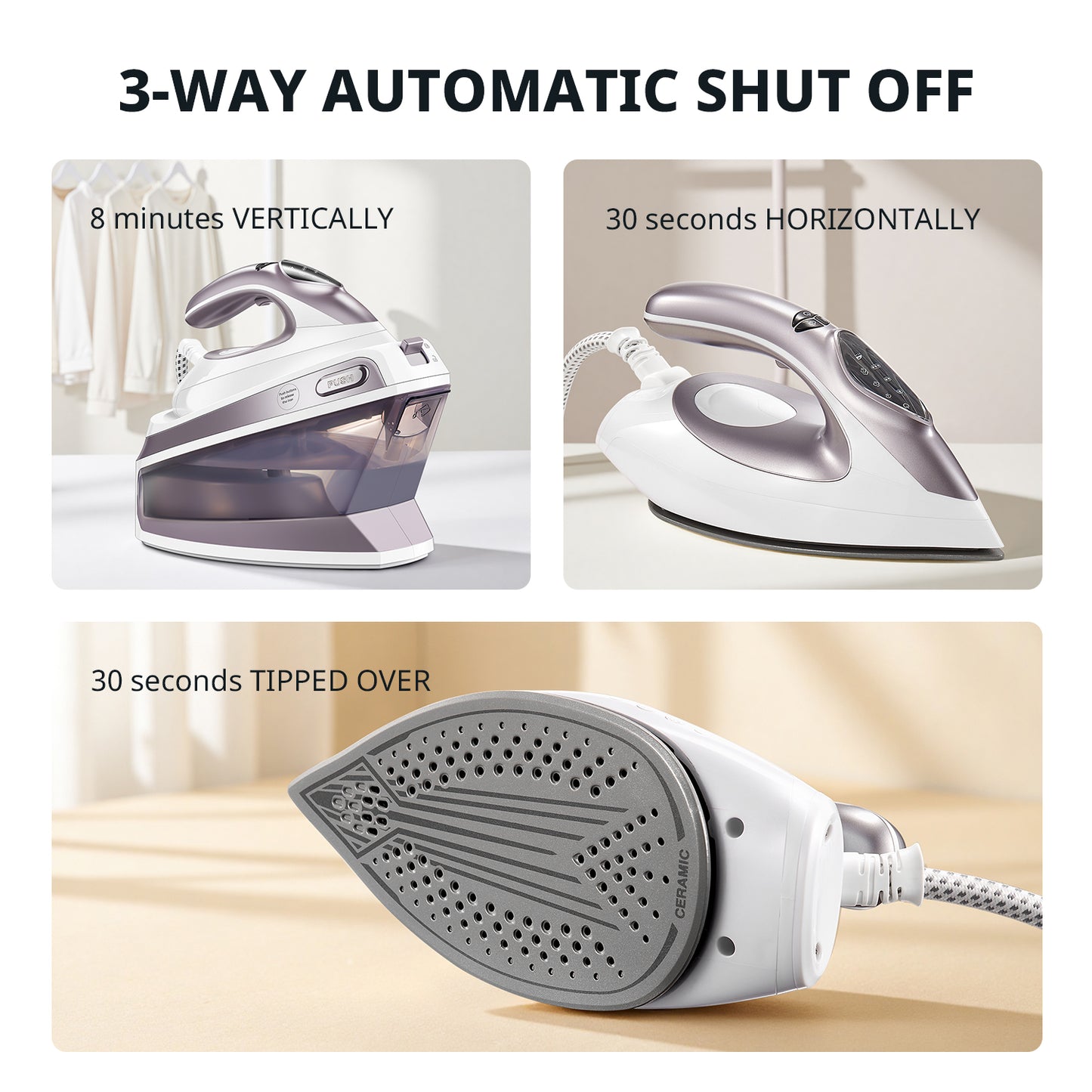 Steam Station Iron Offers 5.5 Bar Pressure, a 1.5L Water Tank, Ceramic Soleplate, Anti-Limescale Function, Vertical Steaming, Three Temperature Settings, Cord Storage, And 2400W Power. Available in Light Purple.
