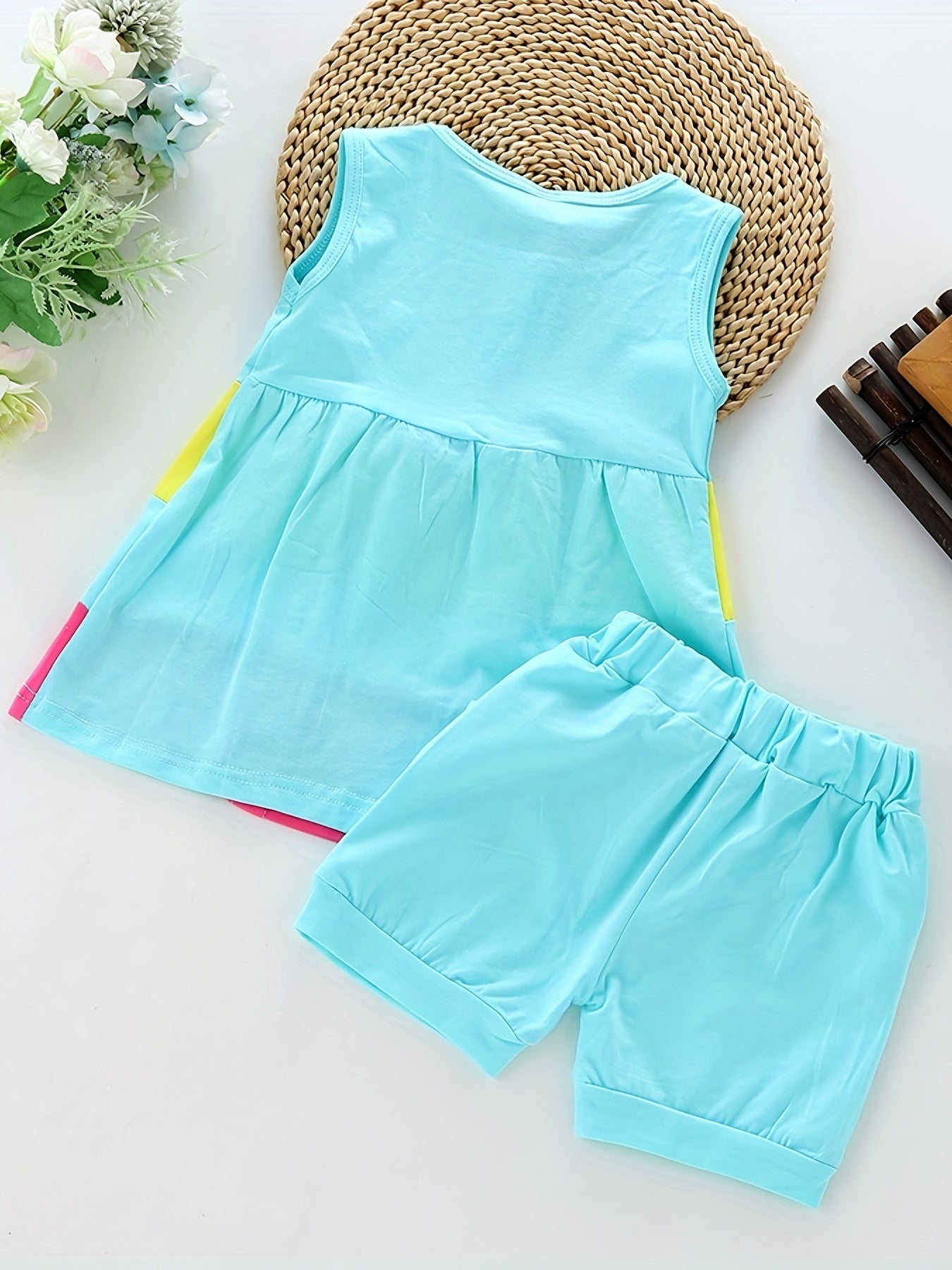 Stylish Color Block Outfit - Cute Bow Puffy Hem Vest & Pocket Shorts Two-piece Set Toddler Baby Clothes Outdoor Clothes Outdoor Suit