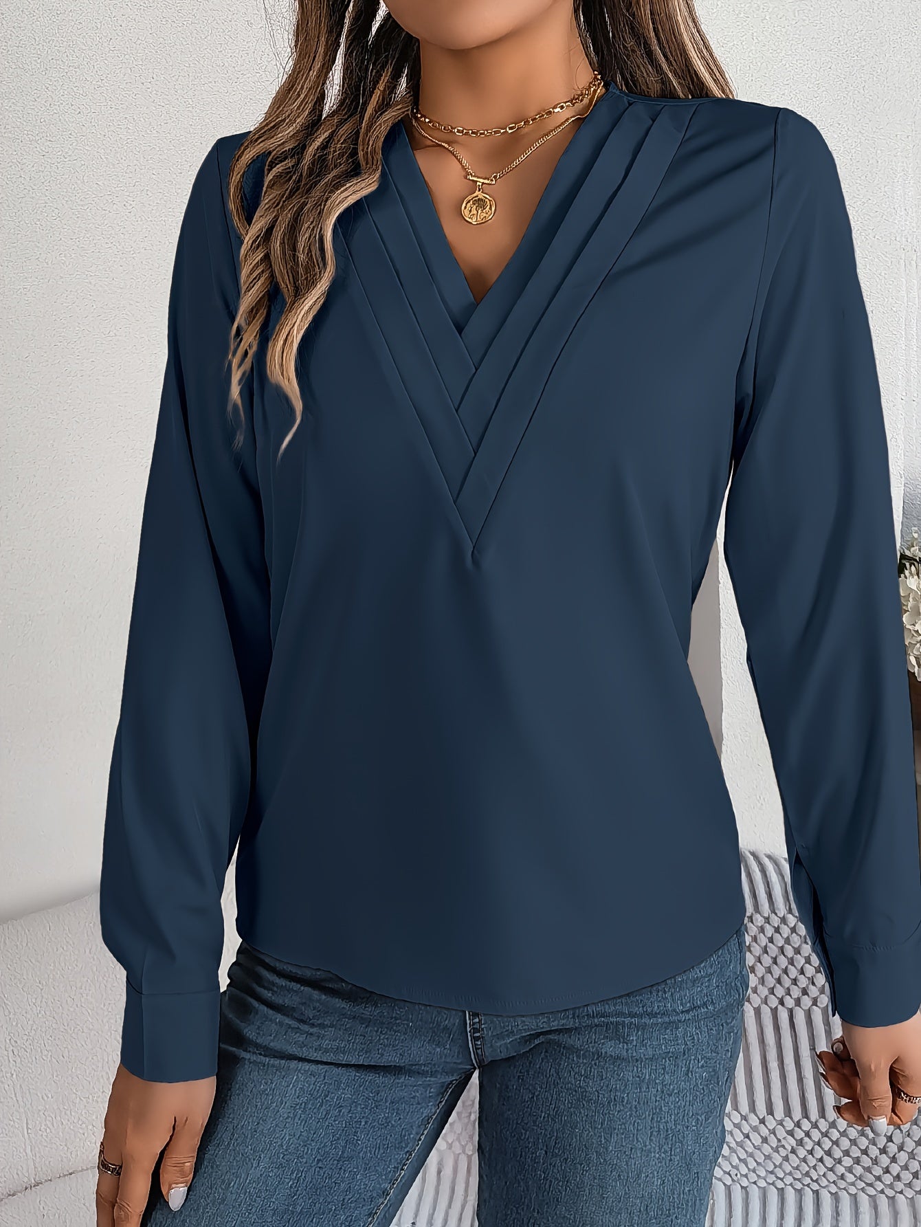Women'S Elegant V-Neck Long Sleeve Shirt, Solid Color Polyester Blouse with Triple V-Cut, 95% Polyester 5% Elastane, Woven Fabric, 120g/m², for Spring/Summer/Fall - Adult