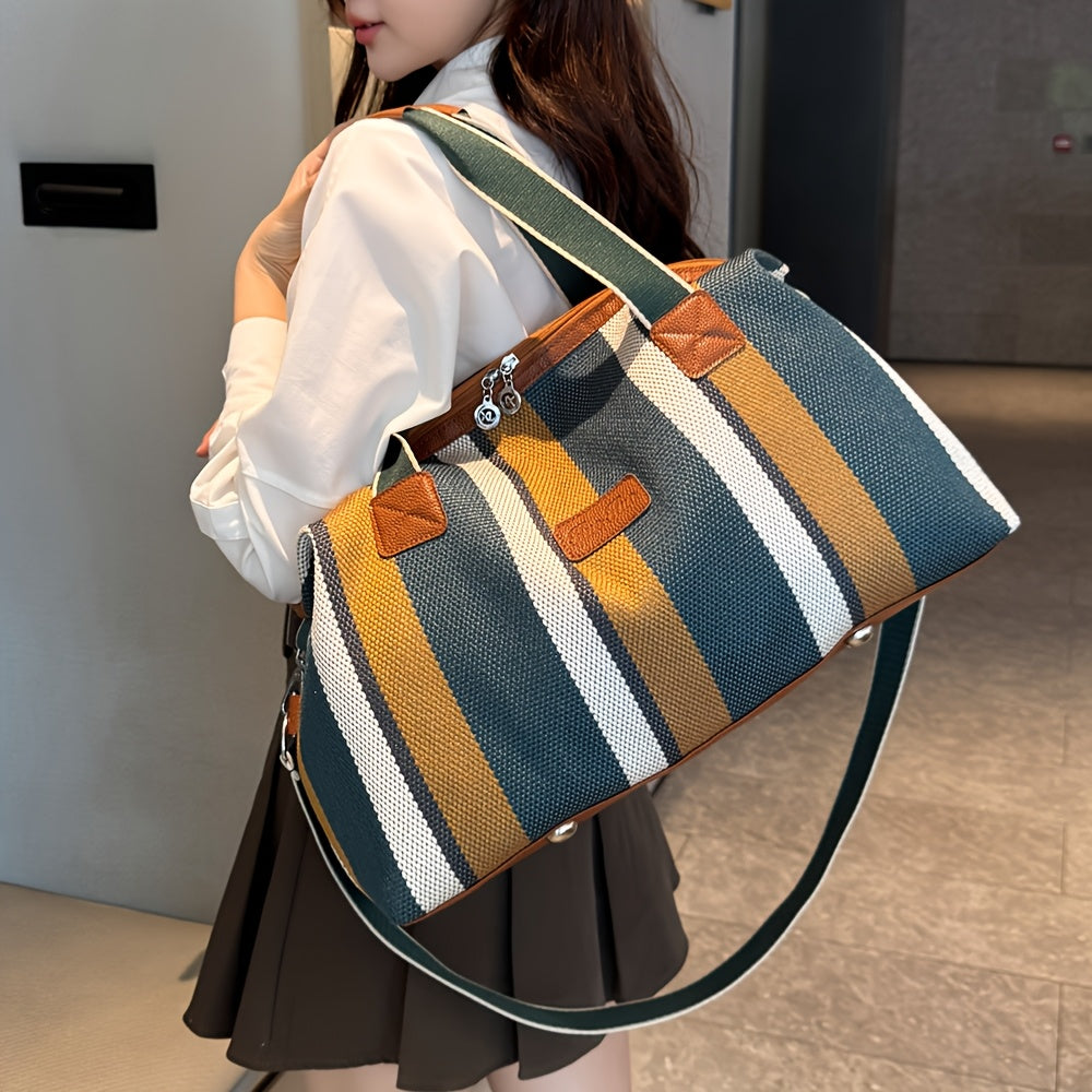 Striped Retro Short-Term Travel Bag for Women, Lightweight Handheld Luggage with Large Capacity