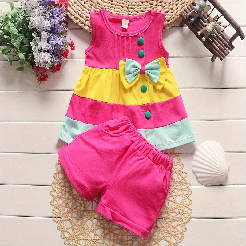 Stylish Color Block Outfit - Cute Bow Puffy Hem Vest & Pocket Shorts Two-piece Set Toddler Baby Clothes Outdoor Clothes Outdoor Suit
